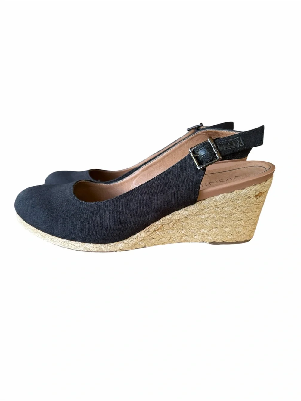 Vionic Black and Tan Coralina Espadrille Wedge Slingback closed Toe Sandal Sz 11
